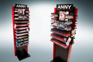Award-winning floor display/permanent display for Anny. The variety of products is clearly presented. The black metal base stands in contrast to the red-translucent acrylic sides. The poster pocket can be replaced by a monitor.
